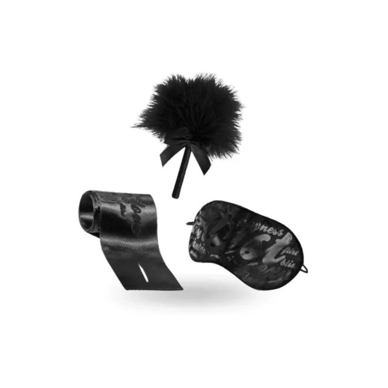 Set di piacere BIJOUX INDISCRETS: piumino erotico, manette raso, maschera raso - accessori sensuali