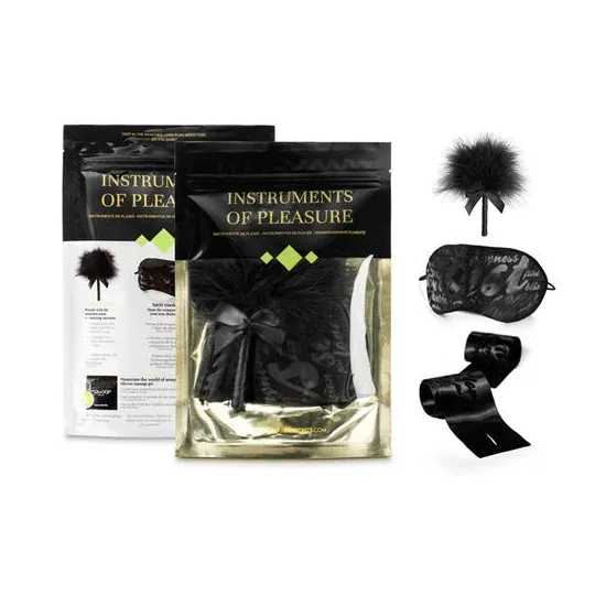 Set di piacere BIJOUX INDISCRETS: piumino erotico, manette raso, maschera raso - accessori sensuali