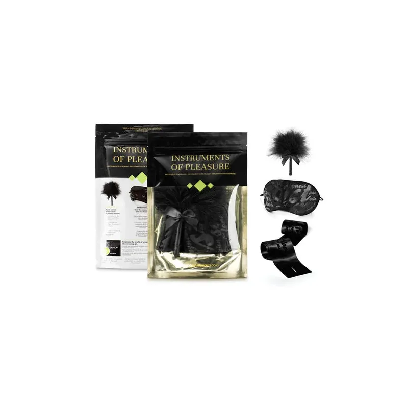 Set di piacere BIJOUX INDISCRETS: piumino erotico, manette raso, maschera raso - accessori sensuali
