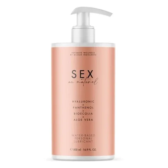 Lubricante íntimo a base de agua 500 ml de Bijoux au Naturel, envase blanco, sin perfume ni glicerina.