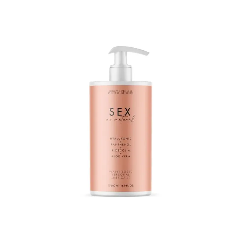 Flacon de lubrifiant intime à base d'eau 500 ml, marque Bijoux au Naturel, blanc, sans parfum ni glycérine.