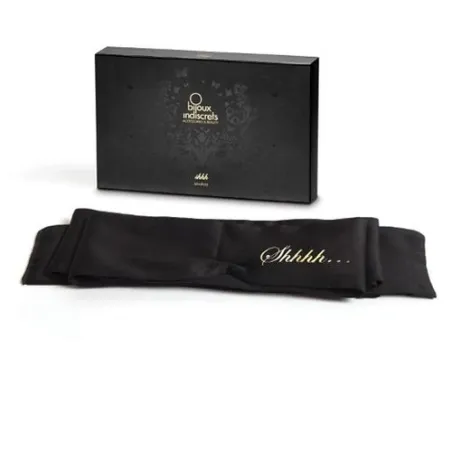Maschera erotica in raso nero Bijoux Indiscrets, con nastro e messaggi Shhh e Ohhh, gioco di coppia.
