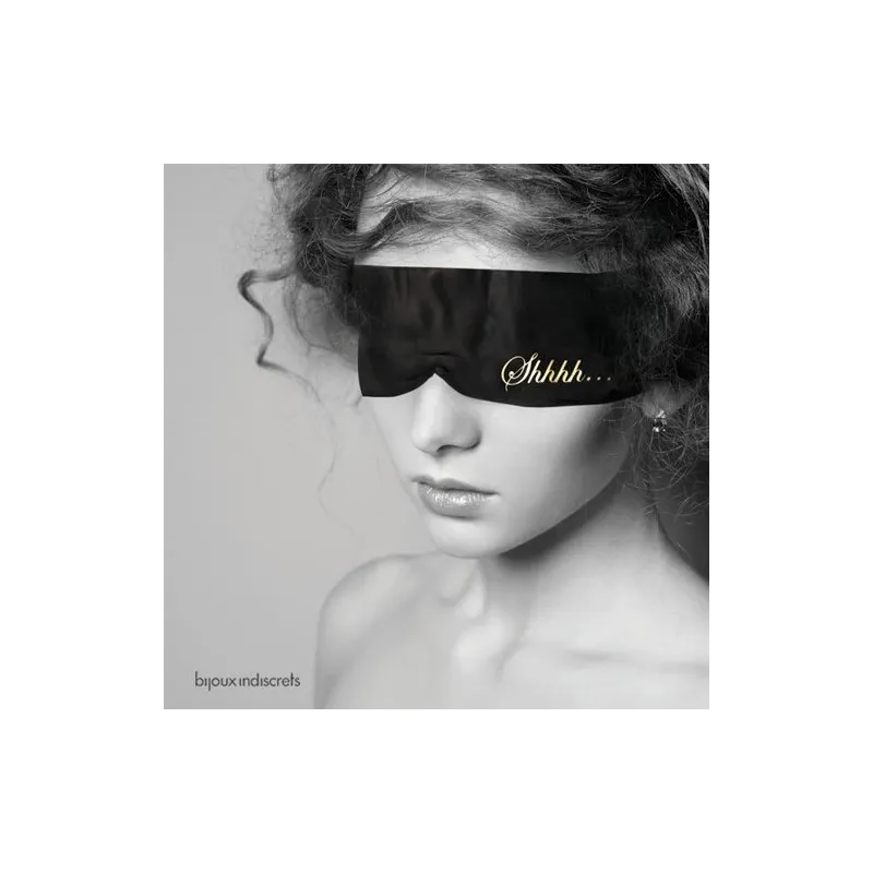 Maschera erotica in raso nero Bijoux Indiscrets, con nastro e messaggi Shhh e Ohhh, gioco di coppia.