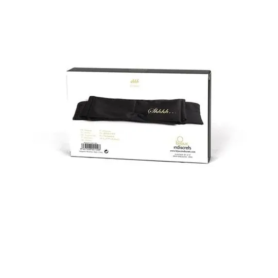 Maschera erotica in raso nero Bijoux Indiscrets, con nastro e messaggi Shhh e Ohhh, gioco di coppia.