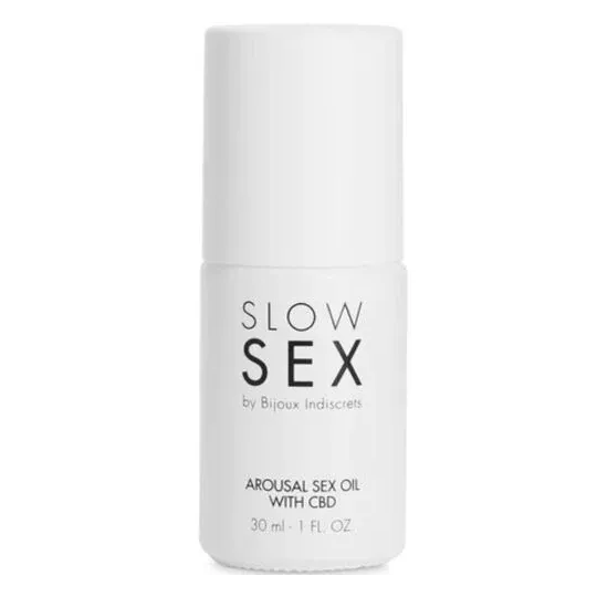 Frasco transparente de aceite de masaje sexual con CBD Slow Sex 30 ml, 1% CBD para el placer íntimo