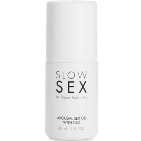 Frasco transparente de aceite de masaje sexual con CBD Slow Sex 30 ml, 1% CBD para el placer íntimo