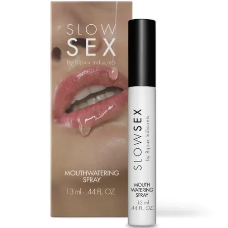 Spray de saliva cítricos SLOW SEX 13 ml, pequeño frasco blanco con tapa negra, para hidratar la boca.