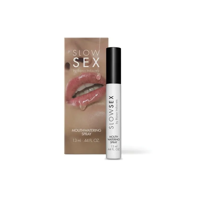 Spray de saliva cítricos SLOW SEX 13 ml, pequeño frasco blanco con tapa negra, para hidratar la boca.