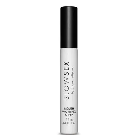 Spray salive aux agrumes 13 ml SLOW SEX, petit flacon blanc avec bouchon noir et étiquette, pour hydrater la bouche.
