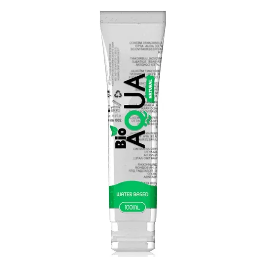 Transparent bottle of natural water-based lubricant BIOAQUA, colorless and odorless, for smooth intimate glide.