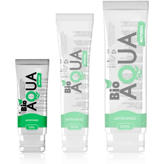 Flacone trasparente di lubrificante naturale BIOAQUA a base d’acqua 50 ml, incolore e inodore