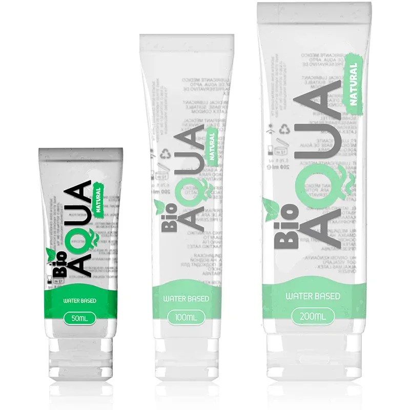 Flacone trasparente di lubrificante naturale BIOAQUA a base d’acqua 50 ml, incolore e inodore