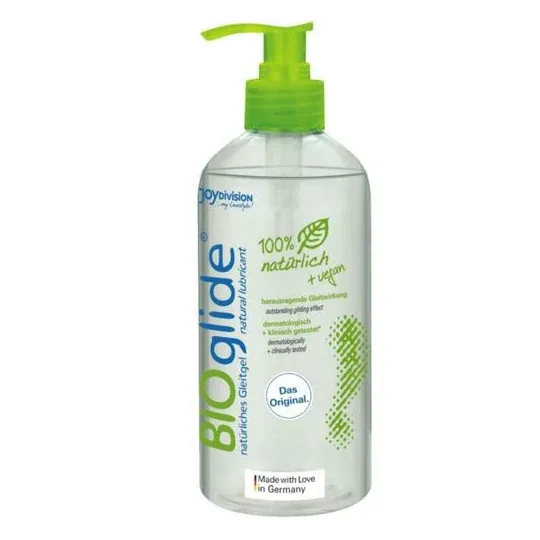 Lubrificante naturale BIOglide 500 ml di JOYDIVISION, flacone trasparente, a base d'acqua, 100% biologico.