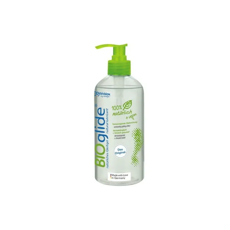 Lubrificante naturale BIOglide 500 ml di JOYDIVISION, flacone trasparente, a base d'acqua, 100% biologico.