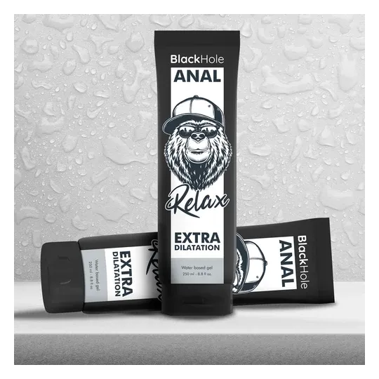 Gel lubrificante anale a base d'acqua BLACK HOLE 250 ml, incolore, inodore, per dilatazione anale dolce e rilassante.