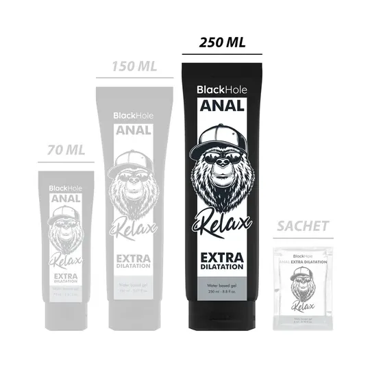 Gel lubrificante anale a base d'acqua BLACK HOLE 250 ml, incolore, inodore, per dilatazione anale dolce e rilassante.