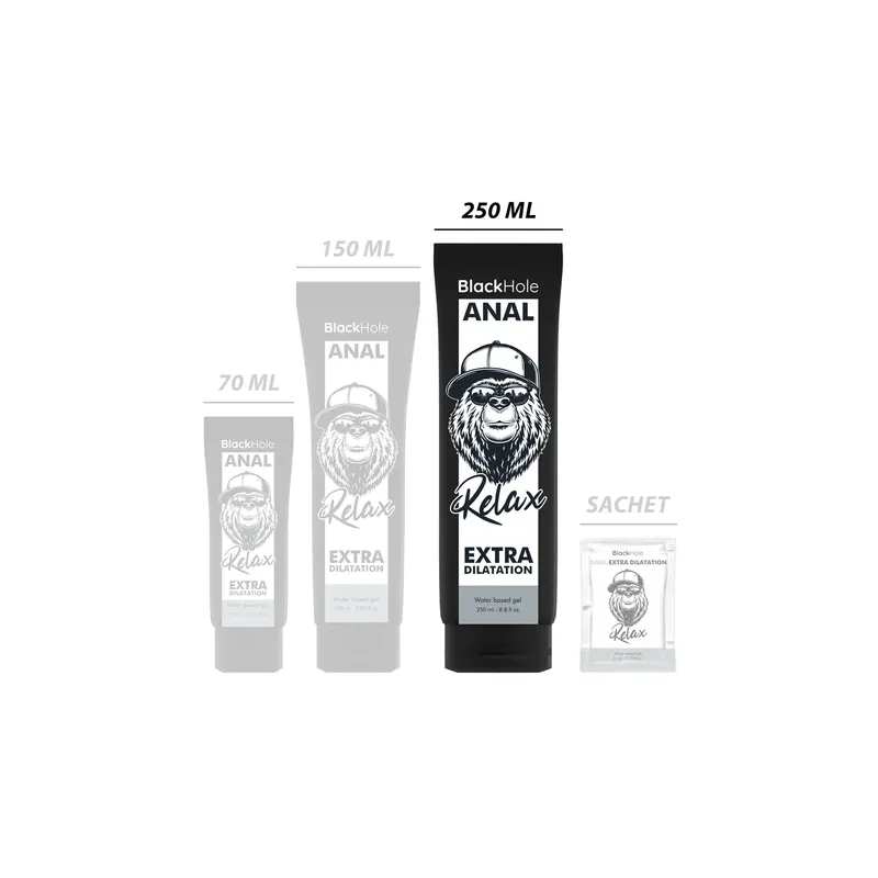 Gel lubrificante anale a base d'acqua BLACK HOLE 250 ml, incolore, inodore, per dilatazione anale dolce e rilassante.