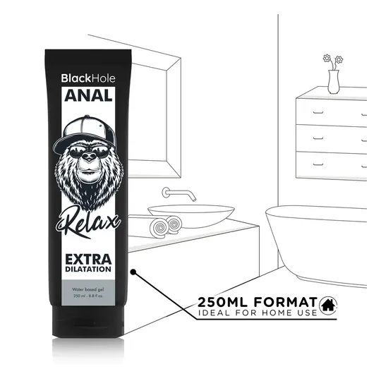 Gel lubrificante anale a base d'acqua BLACK HOLE 250 ml, incolore, inodore, per dilatazione anale dolce e rilassante.