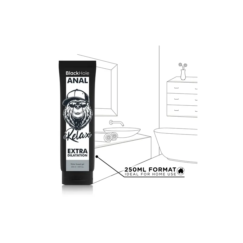 Gel lubrificante anale a base d'acqua BLACK HOLE 250 ml, incolore, inodore, per dilatazione anale dolce e rilassante.