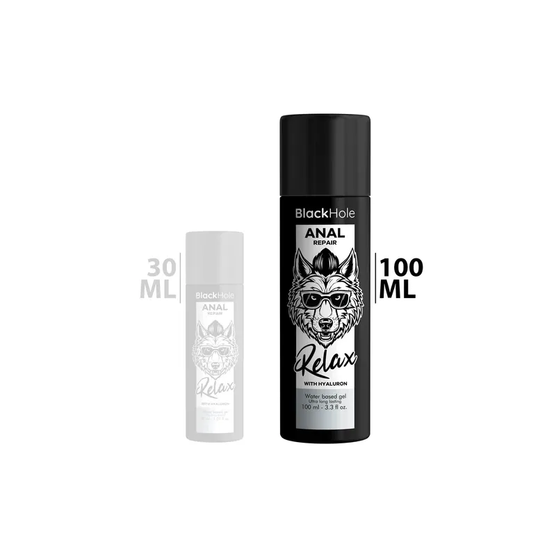 Lubrifiant anal relaxant Black Hole à base d'eau et acide hyaluronique, flacon transparent 100 ml