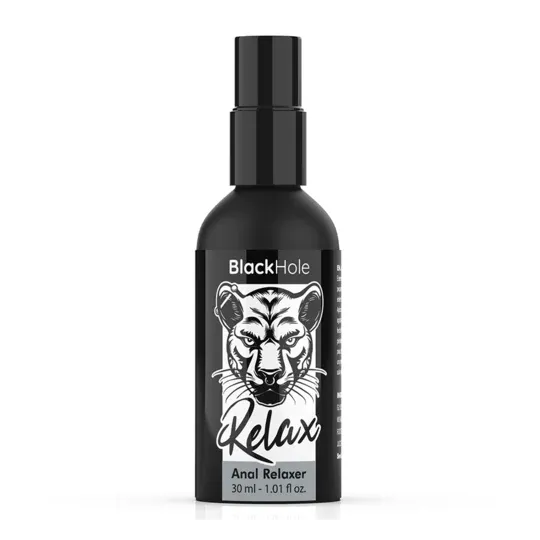 Spray relaxant anal Black Hole 30 ml en flacon noir, facilite la dilatation et la lubrification intime