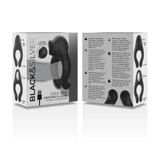 Black silicone vibrating cock ring with clitoral stimulator, rechargeable Black&Silver