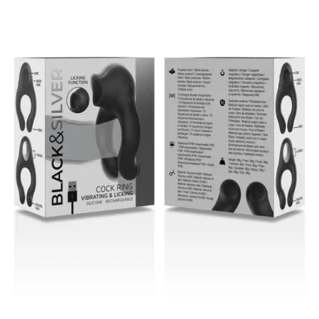Anello vibrante in silicone nero con stimolatore clitorideo ricaricabile Black&Silver