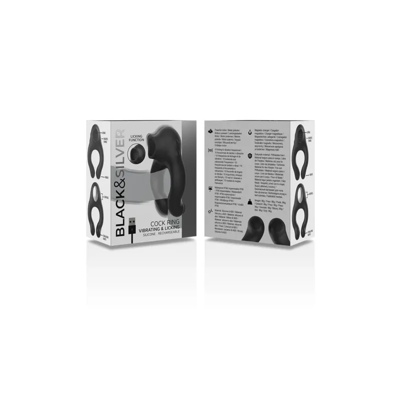 Anneau pénien vibrant en silicone noir Black&Silver avec stimulateur clitoridien rechargeable