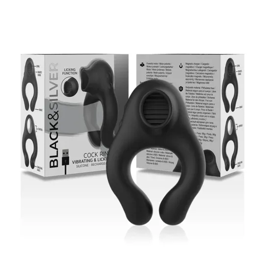 Anello vibrante in silicone nero con stimolatore clitorideo ricaricabile Black&Silver