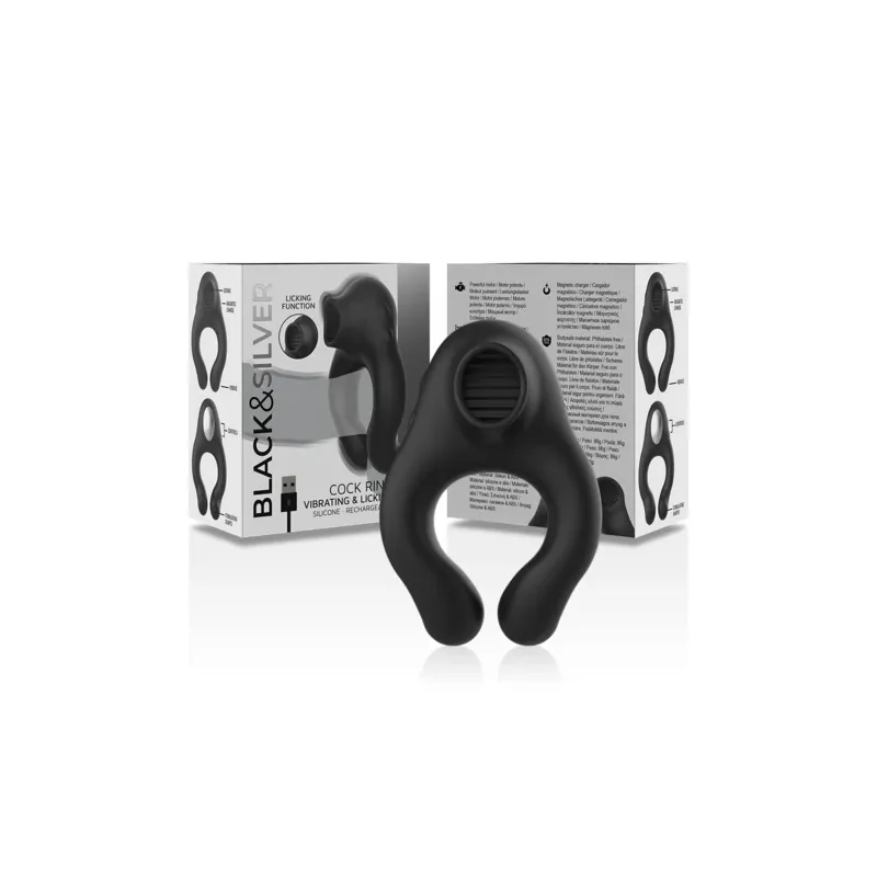 Anneau pénien vibrant en silicone noir Black&Silver avec stimulateur clitoridien rechargeable