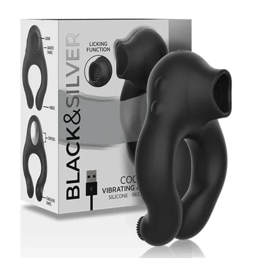 Black silicone vibrating cock ring with clitoral stimulator, rechargeable Black&Silver