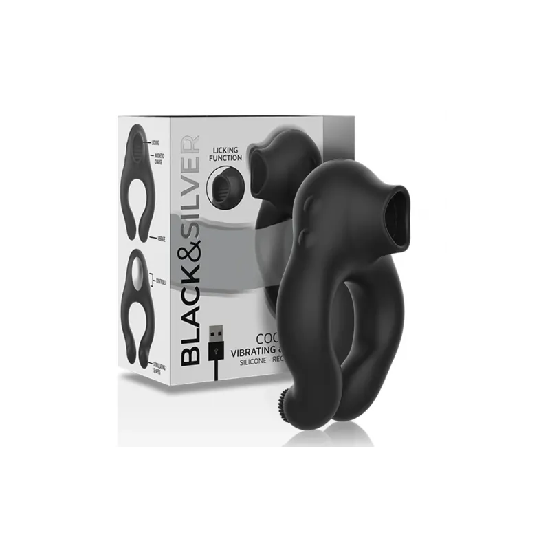 Anello vibrante in silicone nero con stimolatore clitorideo ricaricabile Black&Silver