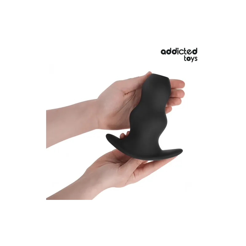 Overall view of the hollow anal plug XXL Addicted Toys in black silicone, length 15.2 cm.
