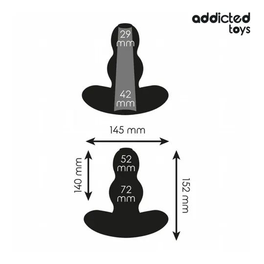 Vista d'insieme del tappo anale cavo XXL Addicted Toys in silicone nero, lunghezza 15,2 cm.