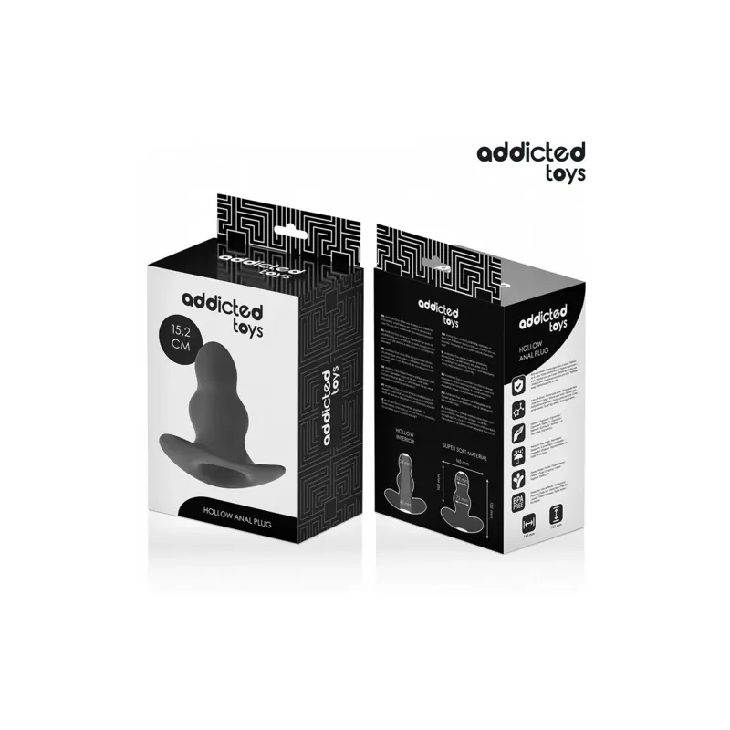 Vista d'insieme del tappo anale cavo XXL Addicted Toys in silicone nero, lunghezza 15,2 cm.