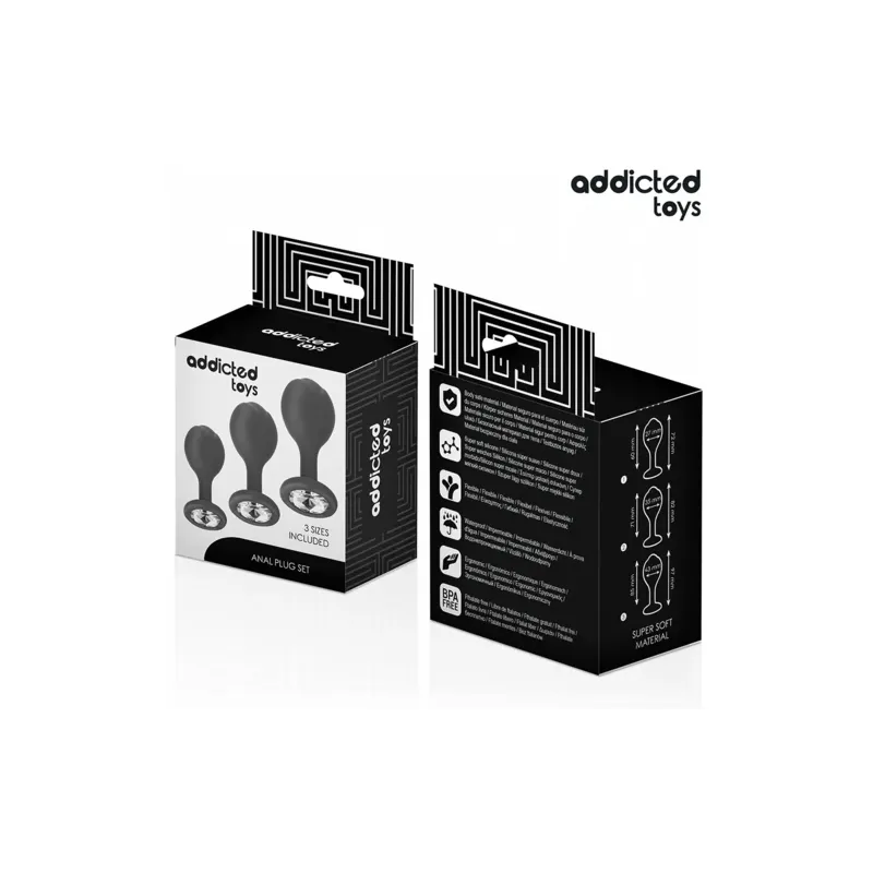 Lote completo de 3 plugs anales progresivos Addicted Toys con joya brillante" }, { "fr": "Emballage du lot de plugs anaux Addict