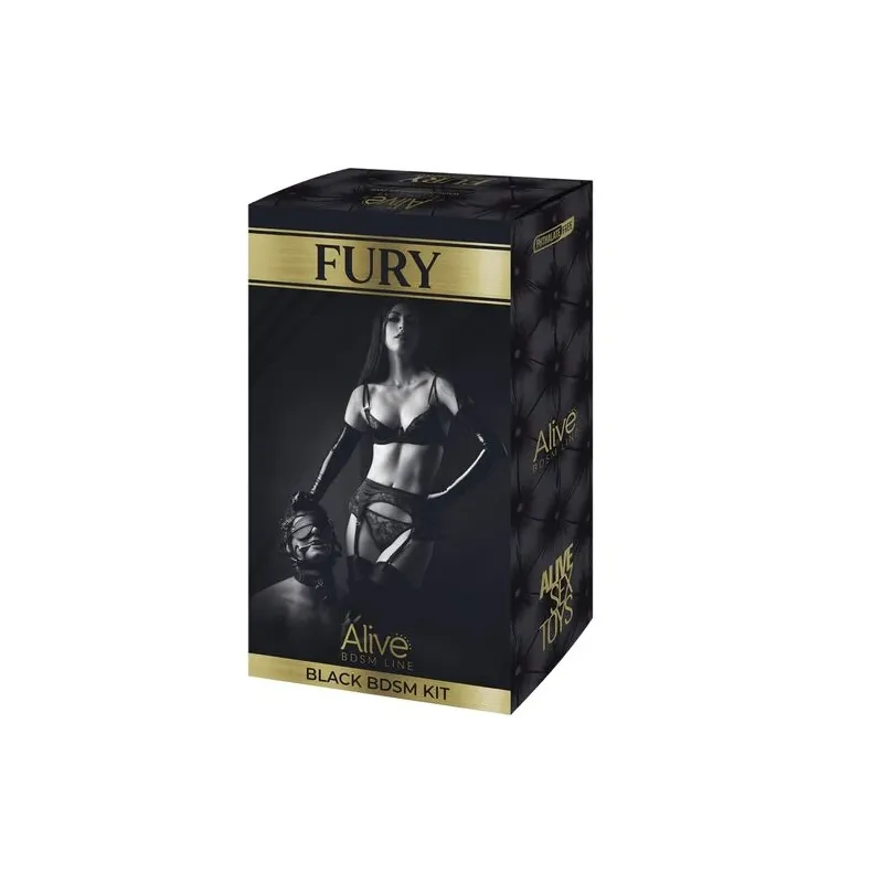 Kit BDSM 10 pezzi nero ALIVE - Set bondage con manette, frustino, bavaglio e corda shibari