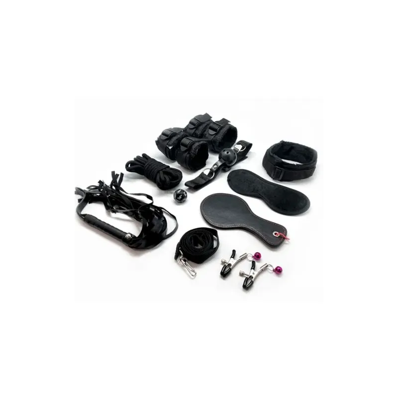 Kit BDSM 10 pièces noir ALIVE - Ensemble bondage avec menottes, fouet, bâillon et corde shibari