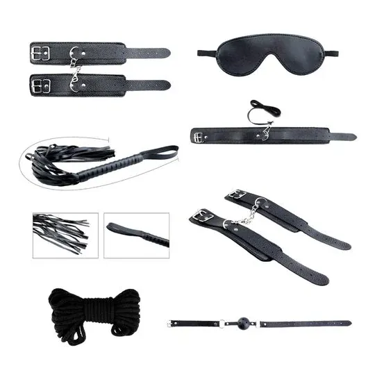 BDSM Set Secret Desires 7-teilig ALIVE schwarz - komplettes Set mit Handschellen, Peitsche, Maske und Shibari-Seil