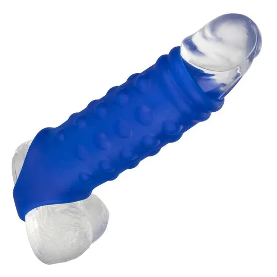 Capuchón para pene azul CALEXOTICS de silicona líquida con cuentas para estimulación
