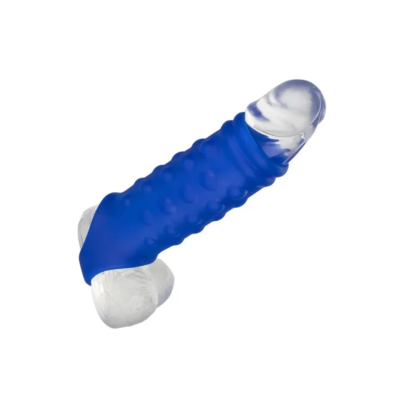 Blaue Peniskappe CALEXOTICS aus Flüssigsilikon mit Perlen zur Stimulation