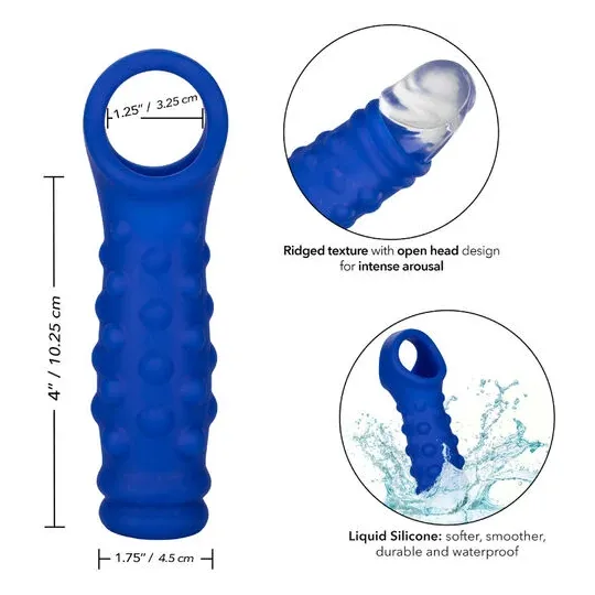 Blaue Peniskappe CALEXOTICS aus Flüssigsilikon mit Perlen zur Stimulation