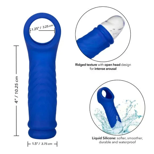 Blaue Peniskappe Wave aus Liquid Silicone von CalExotics, wellenförmige Struktur
