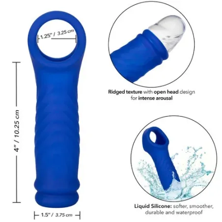 Blue CalExotics Admiral Wave penis cap in liquid silicone, wavy texture for enhancement