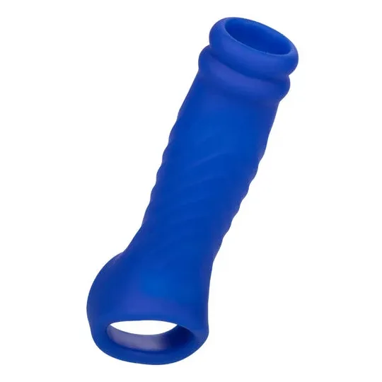 Blaue Peniskappe Wave aus Liquid Silicone von CalExotics, wellenförmige Struktur
