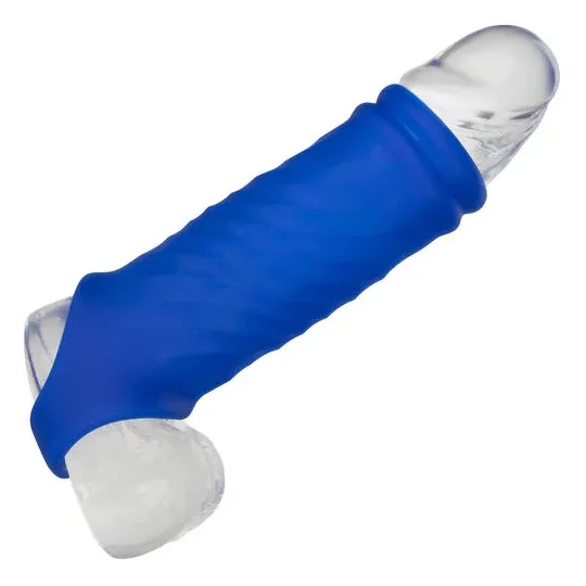 Cappuccio per pene Wave in silicone liquido blu CalExotics, forma ondulata