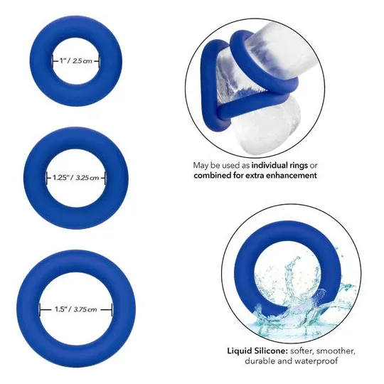 Set de 3 anillos de pene graduados de silicona azul CalExotics Admiral para mejorar el rendimiento