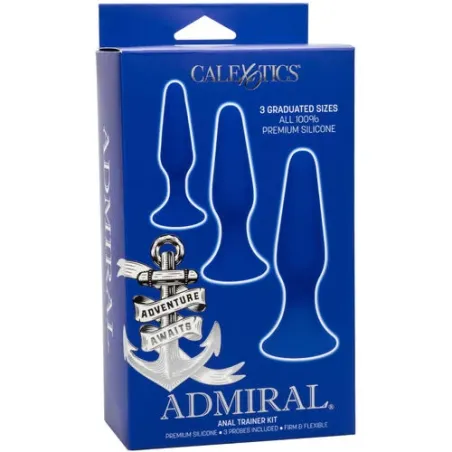 Kit 3 plugs anals Admiral CalExotics en silicone bleu, tailles graduées avec base ventouse pour entraînement anal progressif.