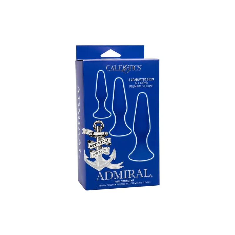 Kit 3 plugs anals Admiral CalExotics en silicone bleu, tailles graduées avec base ventouse pour entraînement anal progressif.