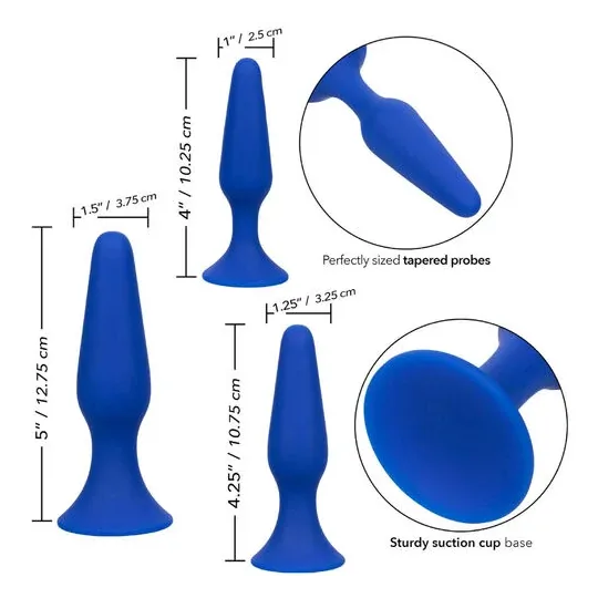 Kit 3 plugs anals Admiral CalExotics en silicone bleu, tailles graduées avec base ventouse pour entraînement anal progressif.